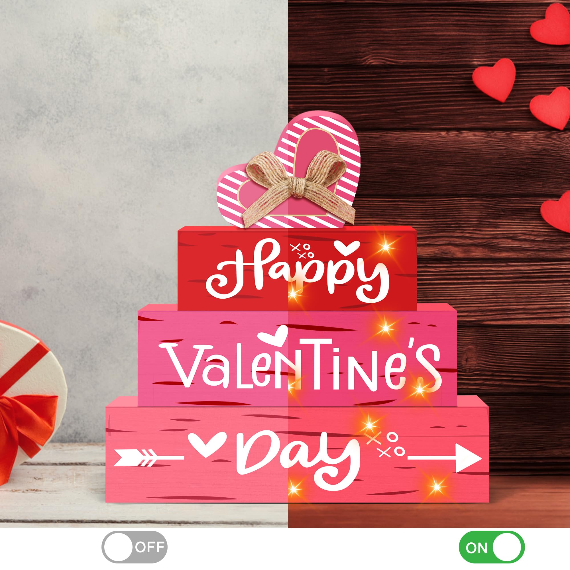 Adorno de madera para San Valentín con luces cálidas, aporta atmósfera romántica.