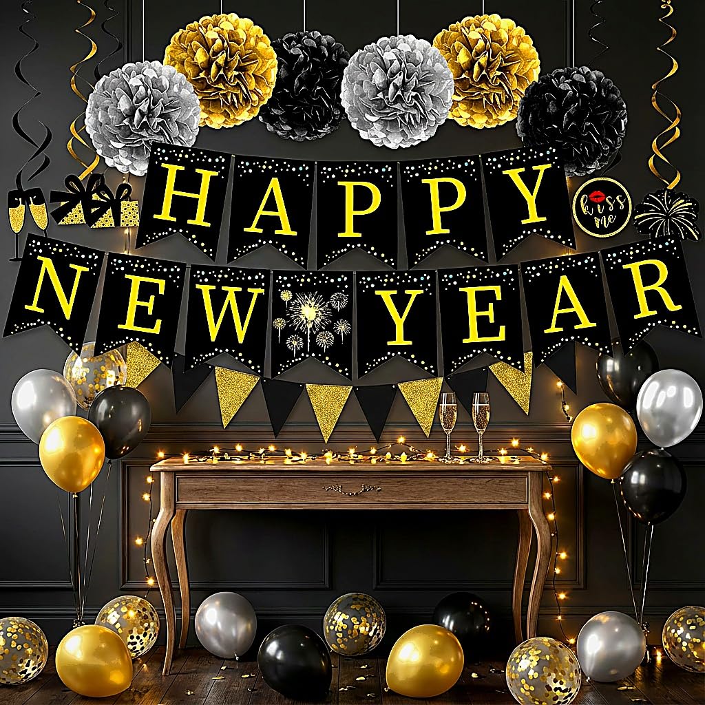Bandera triangular set Nochevieja 2026: ideal para fotos con estilo negro y dorado.