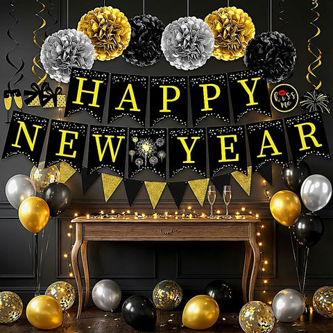 Bandera triangular set Nochevieja 2026: ideal para fotos con estilo negro y dorado.