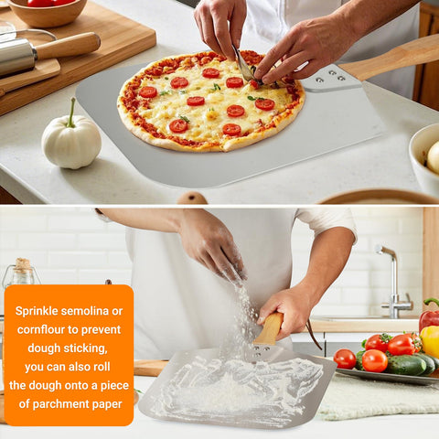 Paleta Skyflame en uso para transferir pizza caliente del horno.