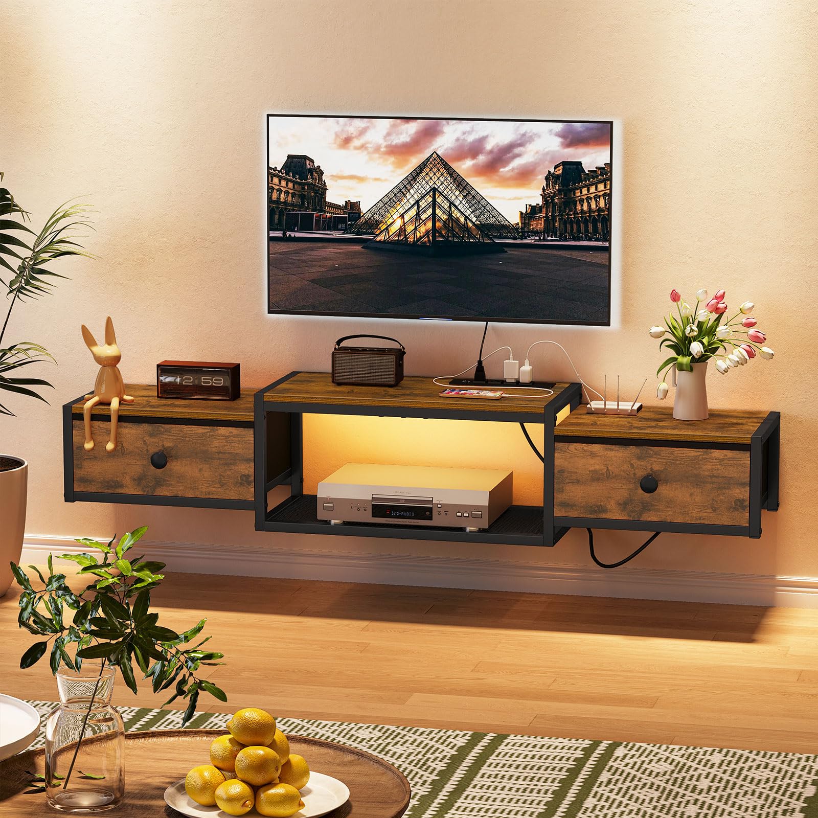 Snughome estante flotante 55 con puerto de energía para televisor y dispositivos.