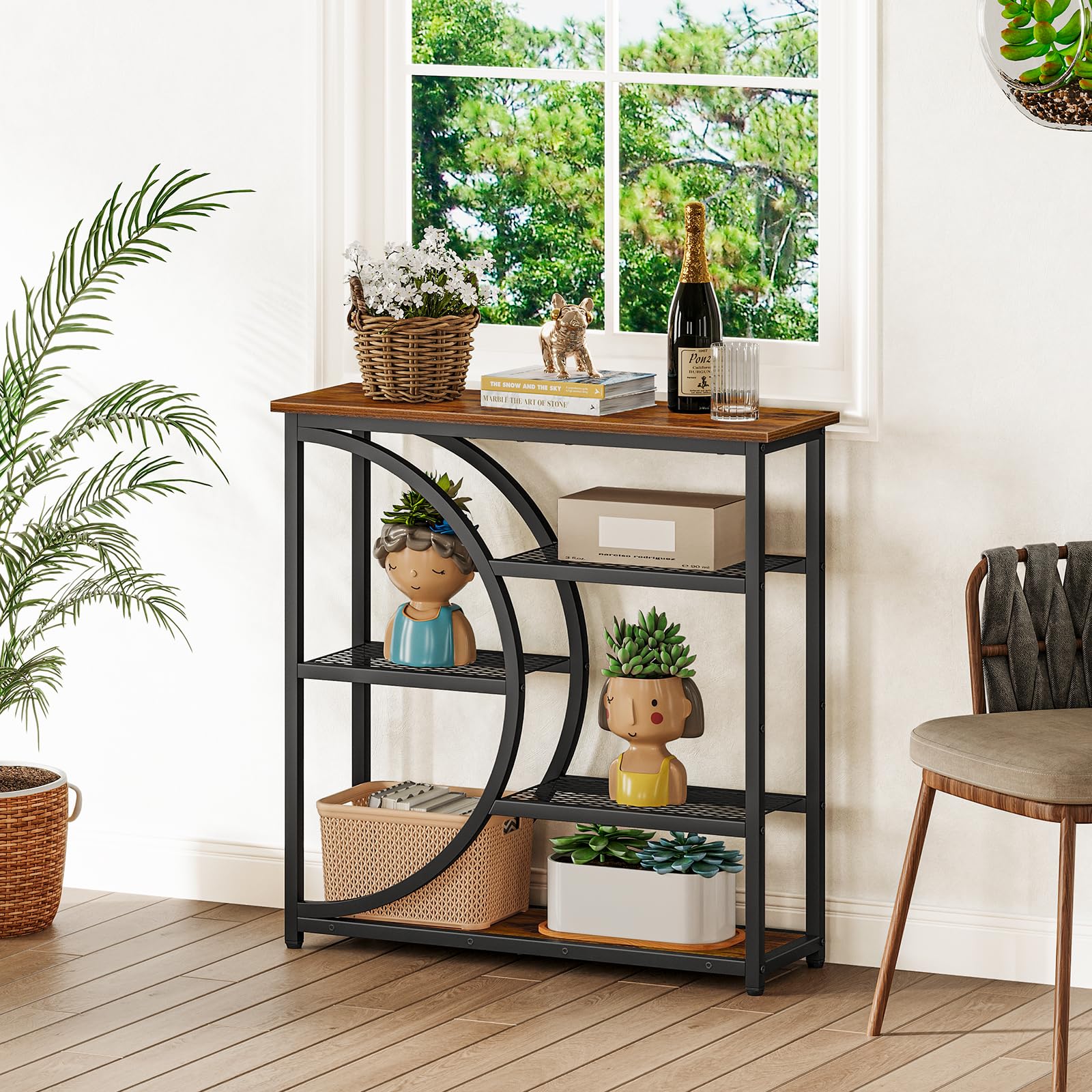 Consola Snughome en sala de estar, superficie para decoración y libros.