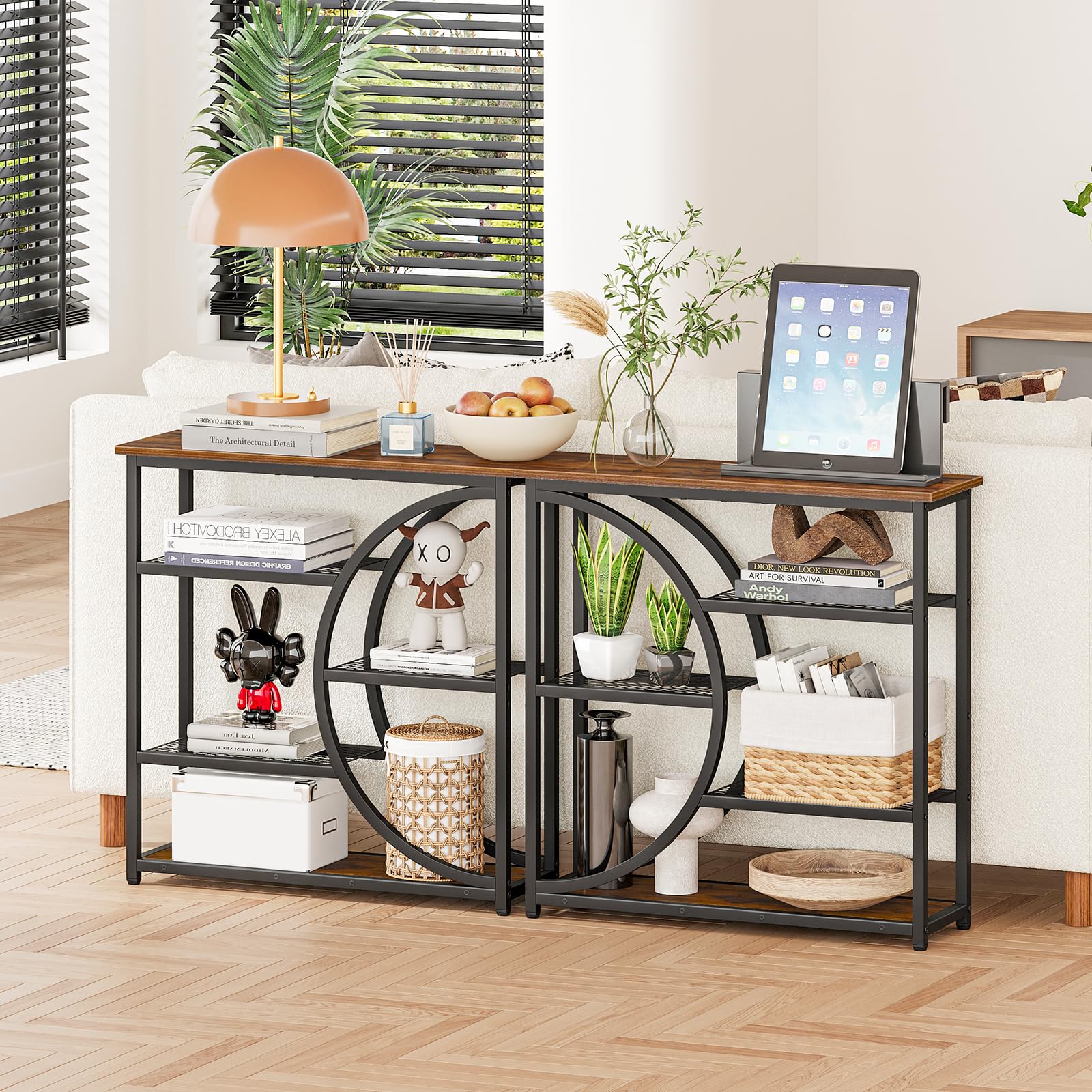 Consola Snughome semi-redonda de metal y madera, diseño industrial para interiores.