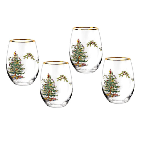 Copa de vino sin tallo Spode con árbol navideño, ideal para reuniones festivas.