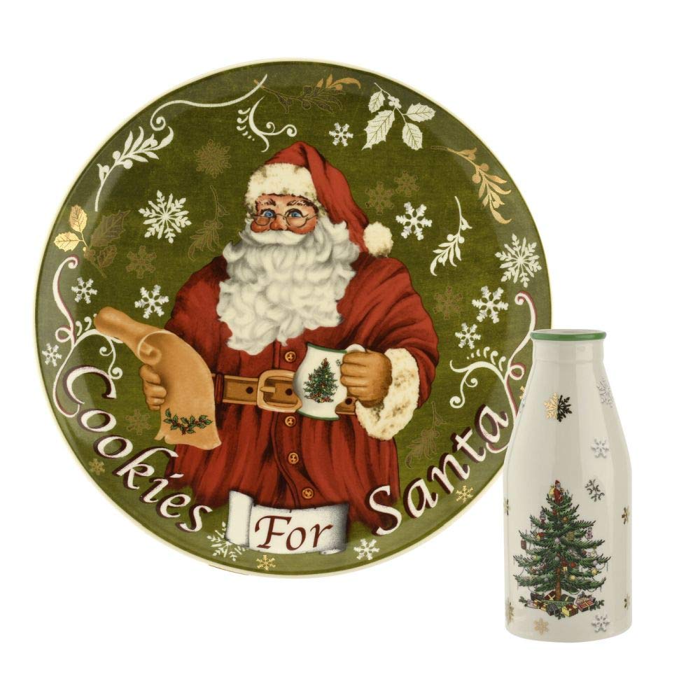 Plato navideño de Spode con árbol y jarrón, ideal para servir galletas y leche.