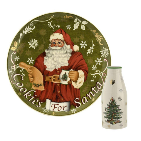 Plato navideño de Spode con árbol y jarrón, ideal para servir galletas y leche.