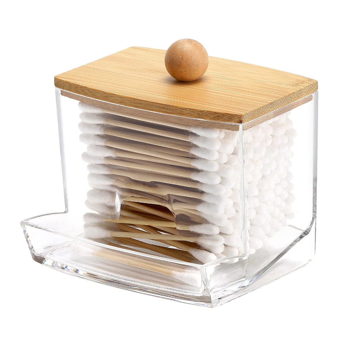 Tbestmax Qtips: dispensador con tapa de bambú para acceso fácil.