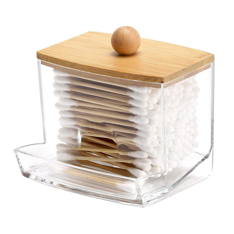 Tbestmax Qtips: dispensador con tapa de bambú para acceso fácil.