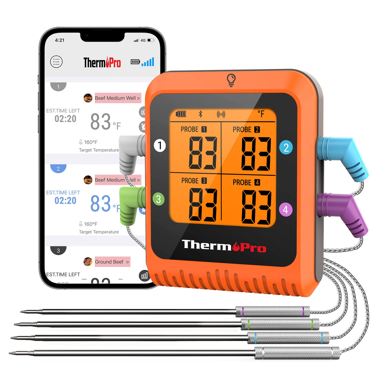 ThermoPro termómetro de carne con Bluetooth 650 ft y pantalla LED clara.