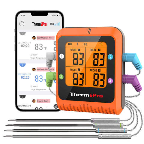 ThermoPro termómetro de carne con Bluetooth 650 ft y pantalla LED clara.