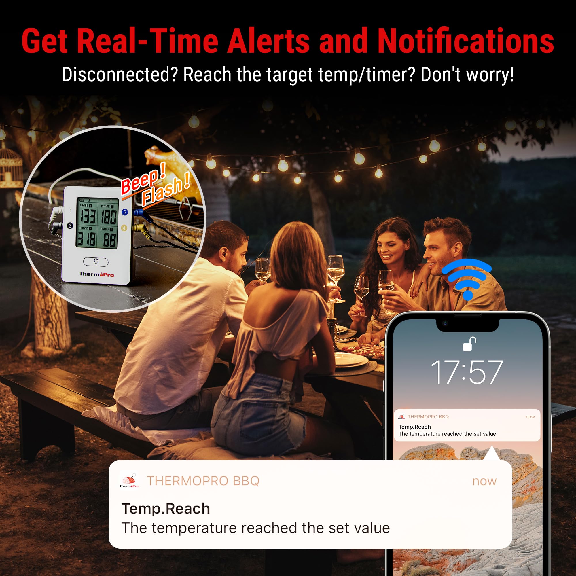 Alertas de proximidad para avisarte cuando se acerca la temperatura objetivo.