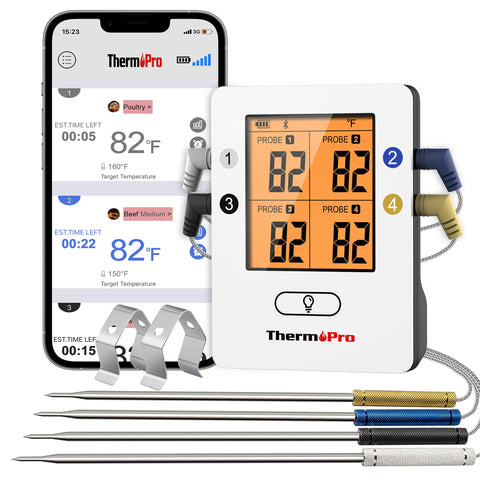 ThermoPro TP25 con sondas cuatro para monitoreo simultáneo de diferentes carnes.
