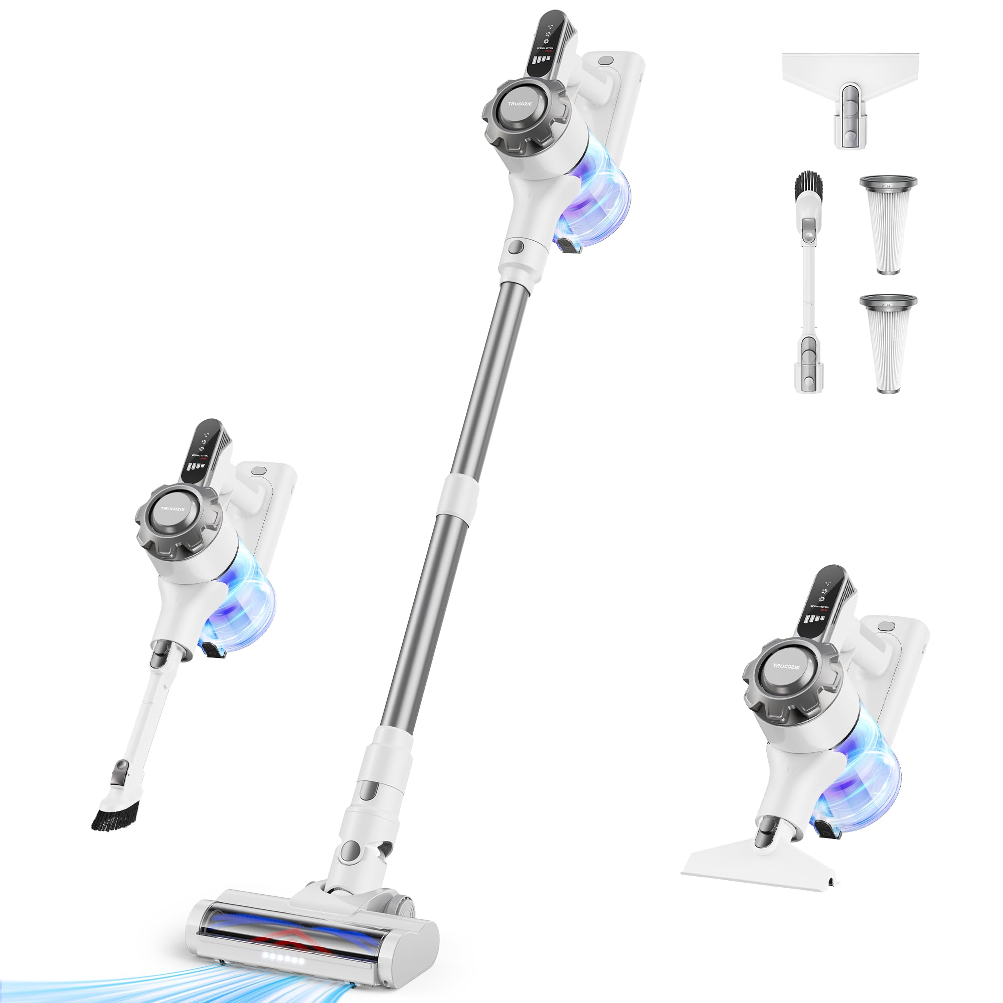 Aspiradora Trucozie inalambrica, frente, diseño compacto para limpieza rápida.