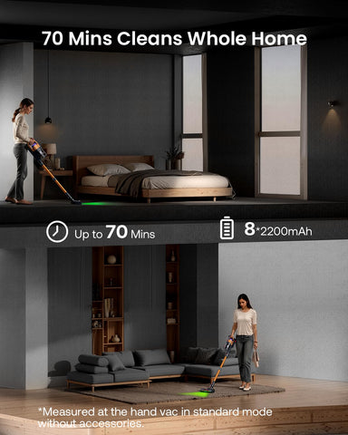 Aspiradora Trucozie con luz LED verde iluminando polvo en rincones oscuros.