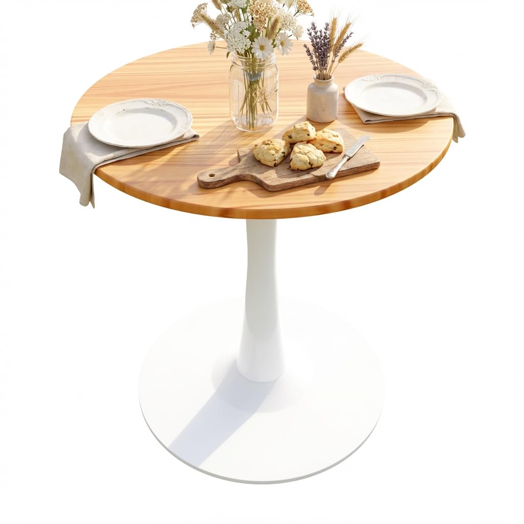 Mesa Tulip con base pedestal estable para dos personas.