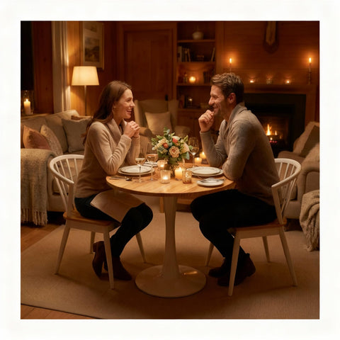 Mesa Tulip con marco metálico reforzado para uso diario.