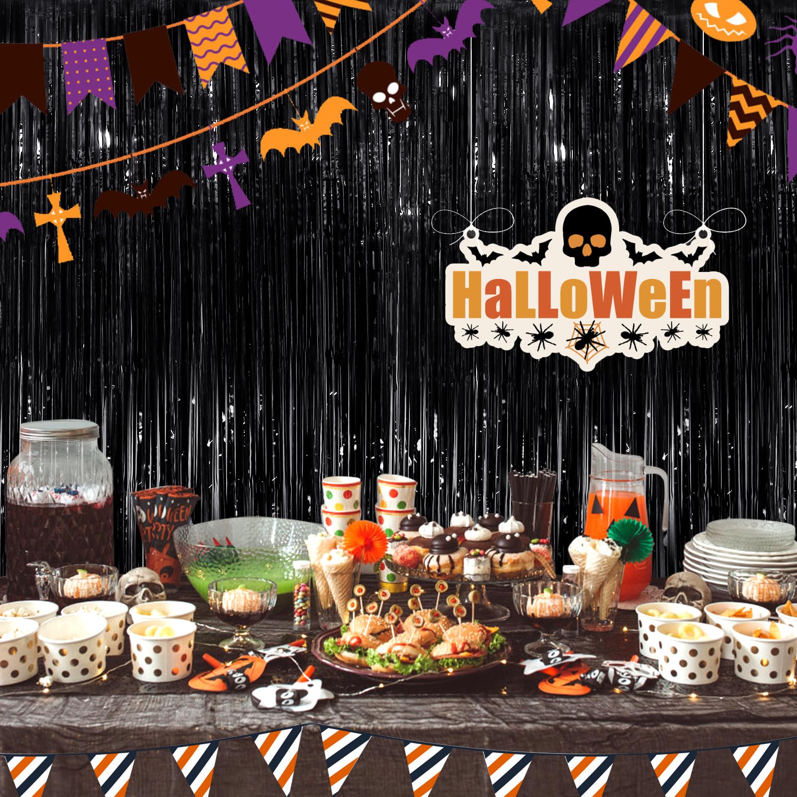 Cortina flecos negros UWPVOWSR, fácil instalación y reutilizable para eventos.