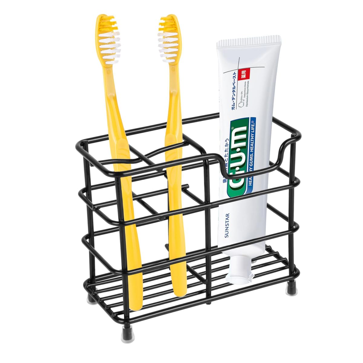 Capacidad para cuatro cepillos y una pasta con diseño ordenado.