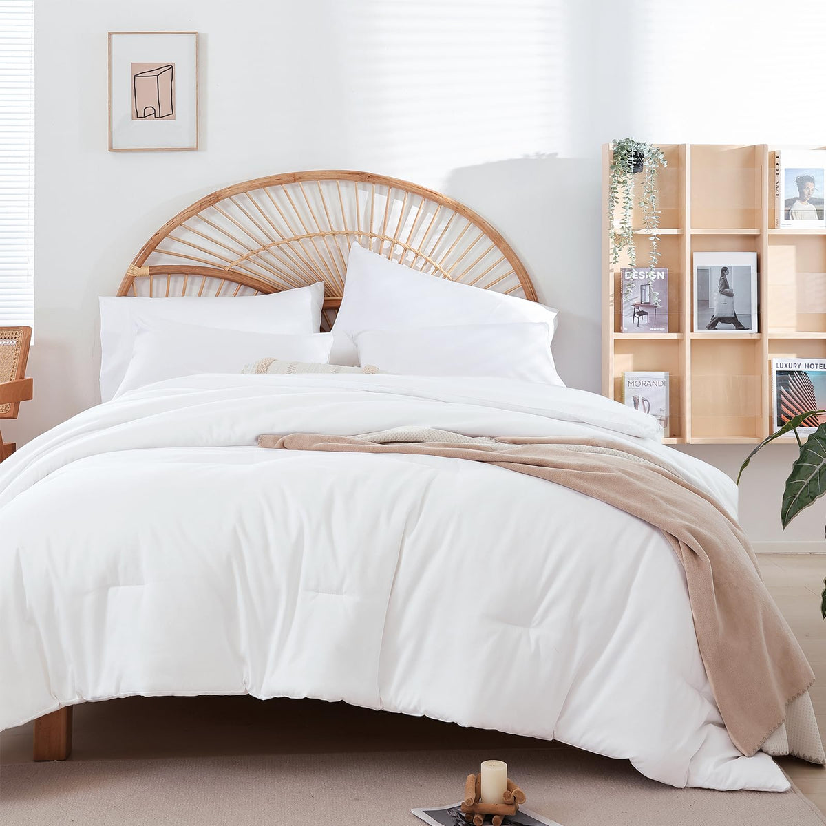 Weigelia conjunto cobertor completo blanco muestra estilo versátil para dormitorio