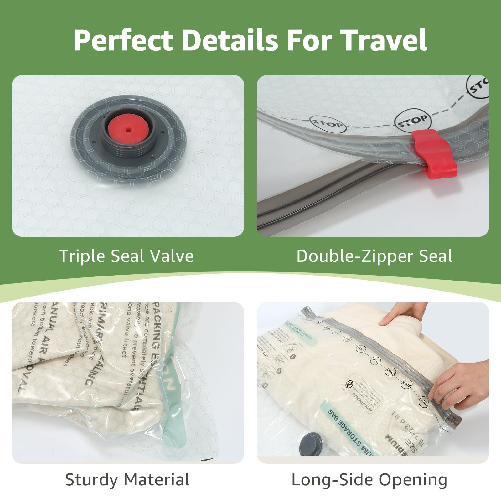 Cierre de doble cremallera para sellado hermético y reutilizable.