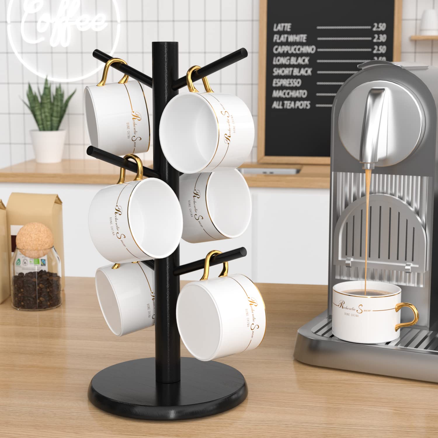 Wisuce árbol porta-tazas negro con base gruesa para encimera estable.