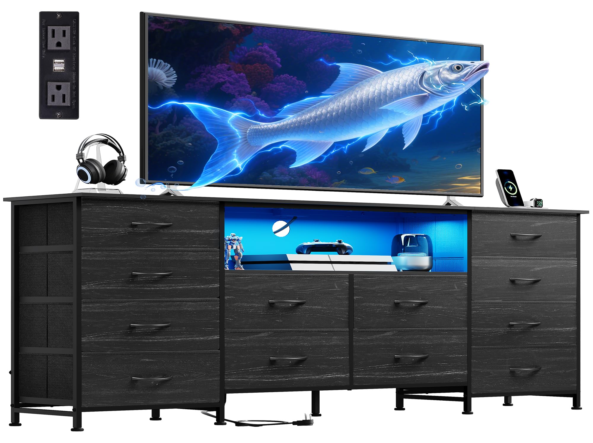 WLIVE comoda 12 cajones con LED, ideal para dormitorio y organización.