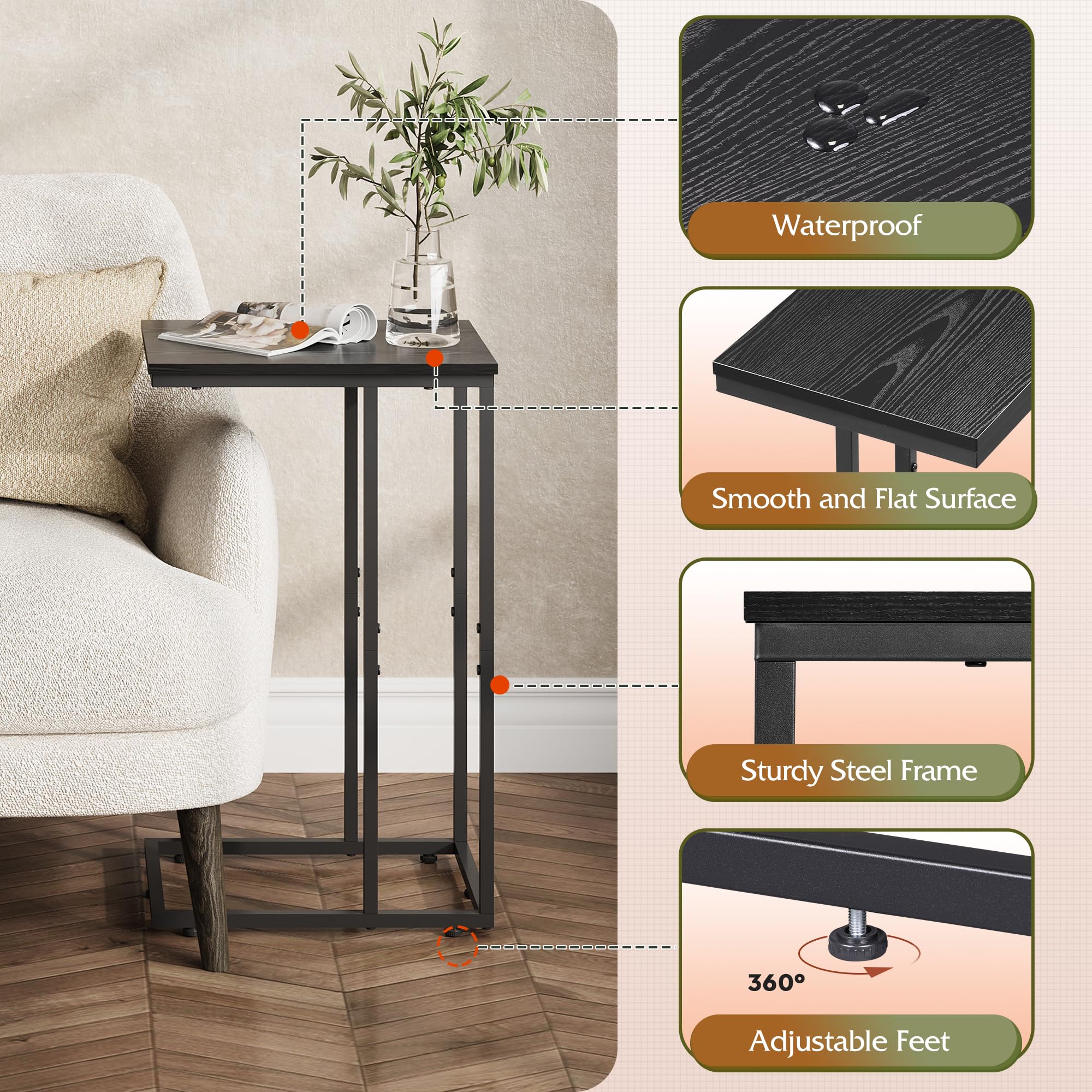 WLIVE mesa lateral curva negra en dormitorio para uso junto a la cama