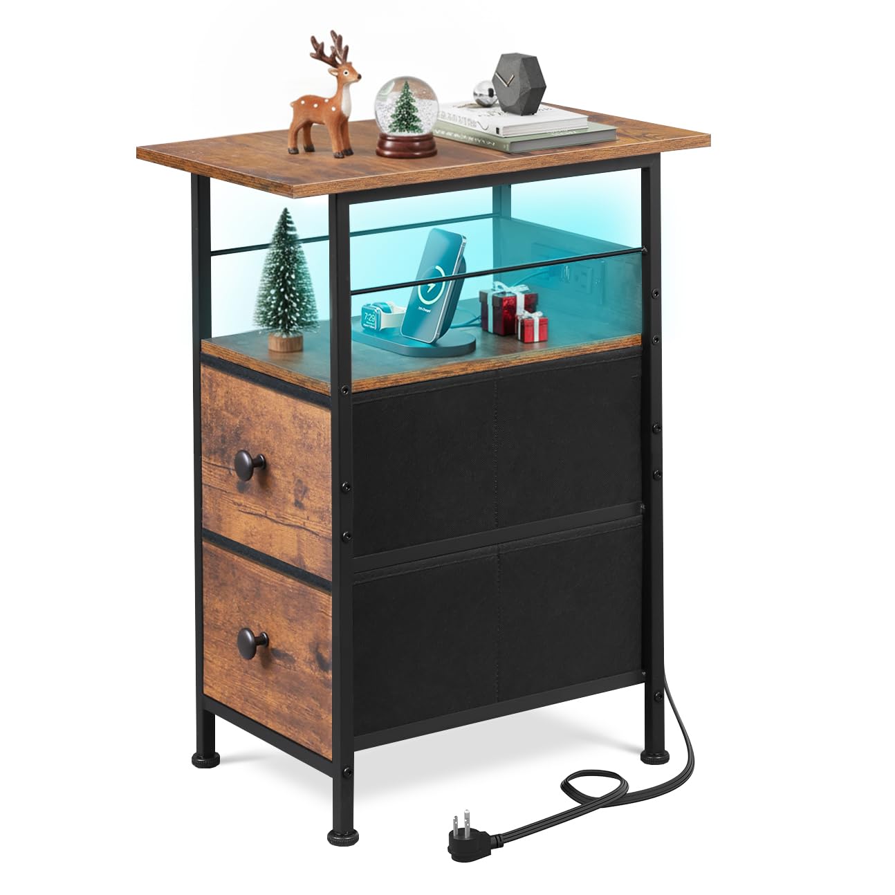 Mesa lateral WLIVE con estación de carga junto a la cama.