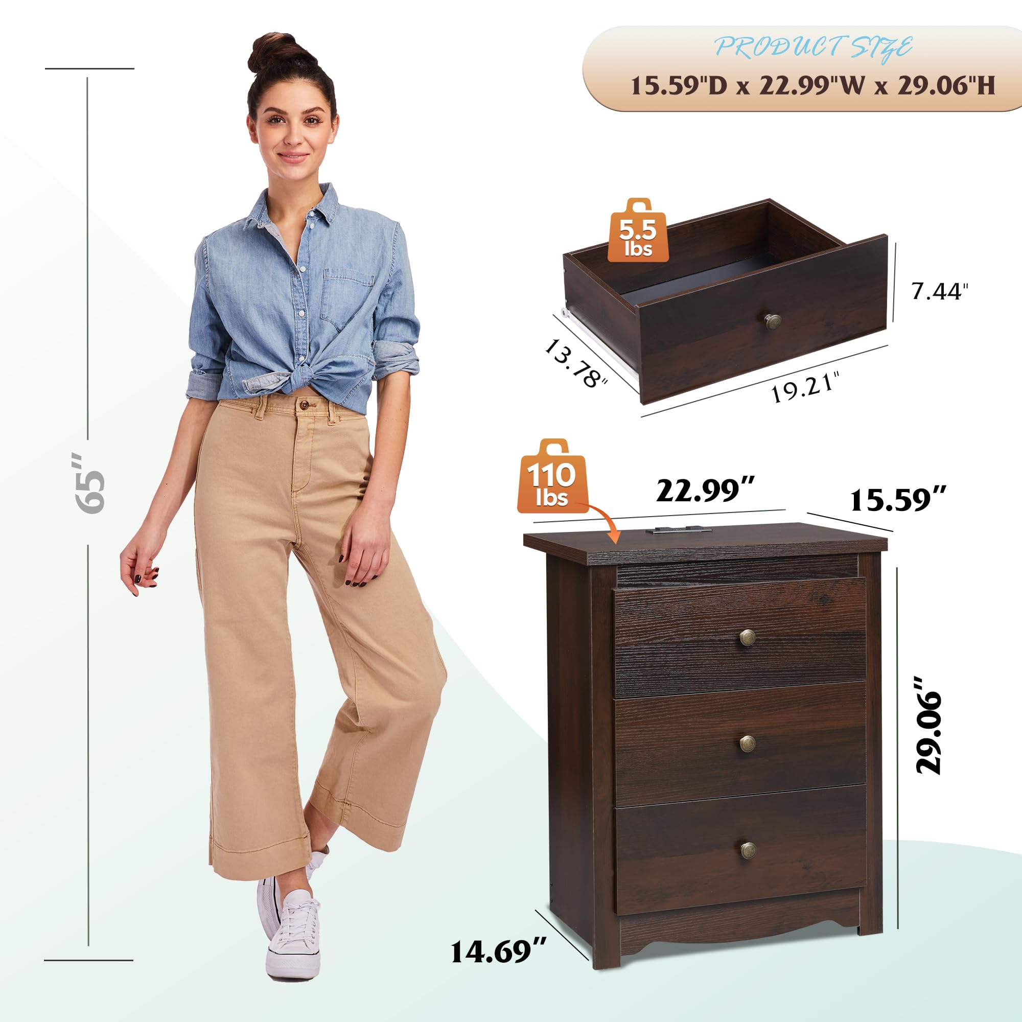 WLIVE mesita de noche con superficie impermeable para limpieza rápida