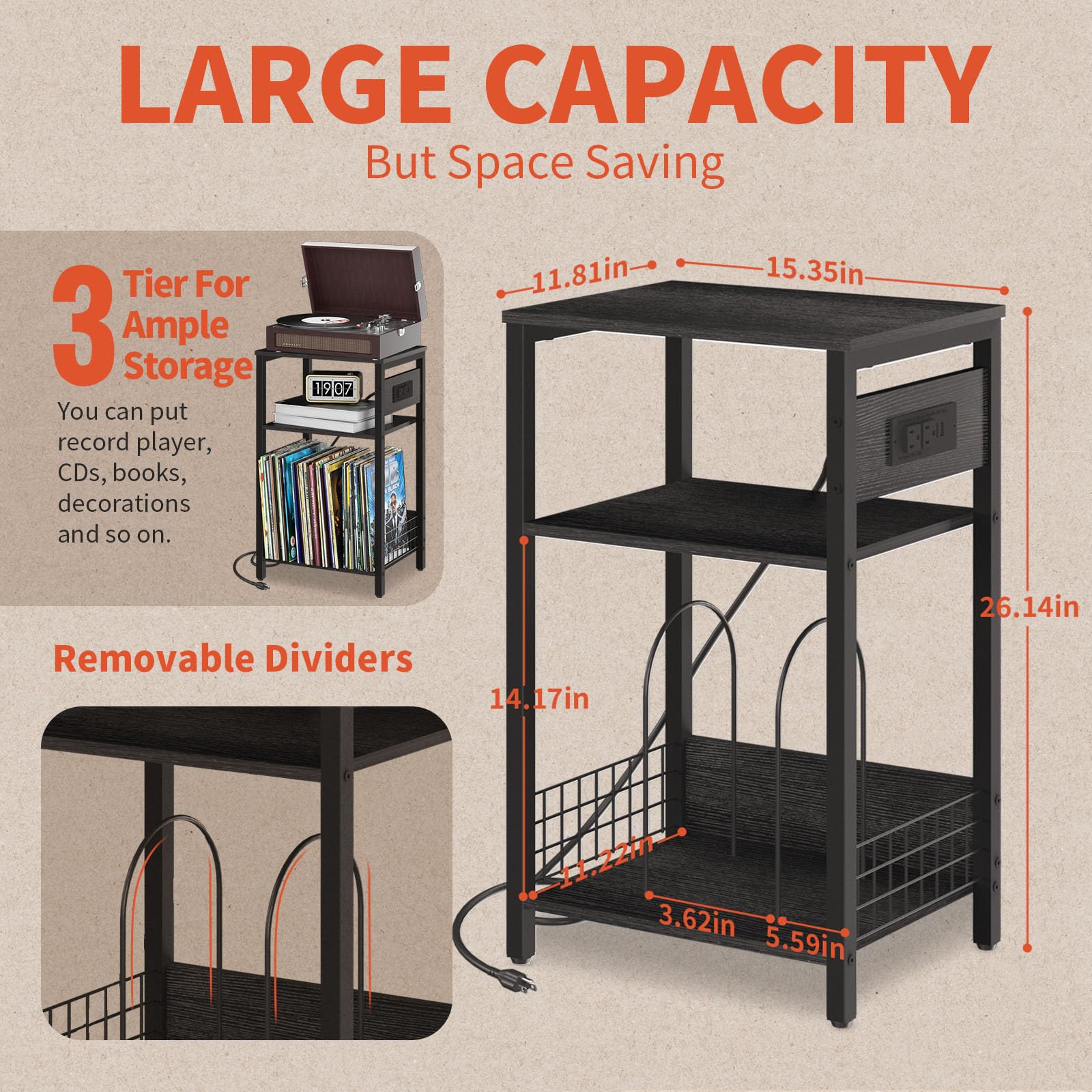 Yoobure diseño tres estantes para vinilos, optimiza almacenamiento y acceso.