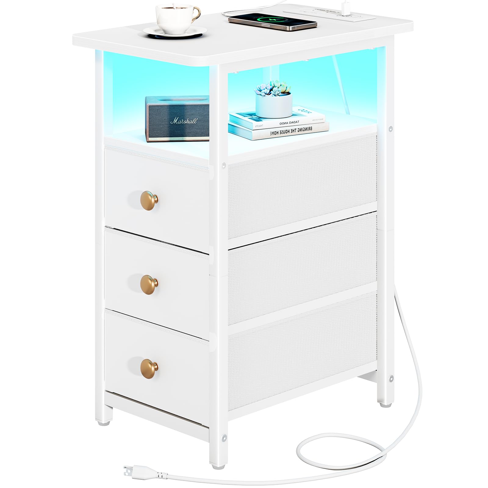 Yoobure mesa lateral con cargador y LED, ideal para cargar dispositivos.