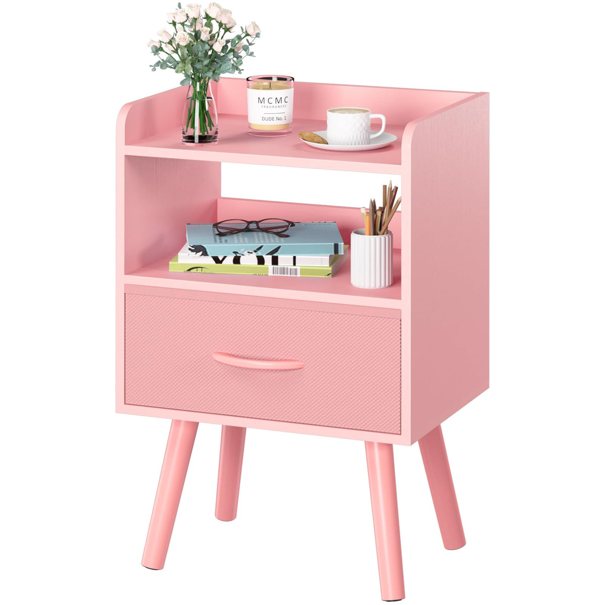 Mesita de noche Yoobure con cajón de tela para almacenamiento privado y acceso cómodo.