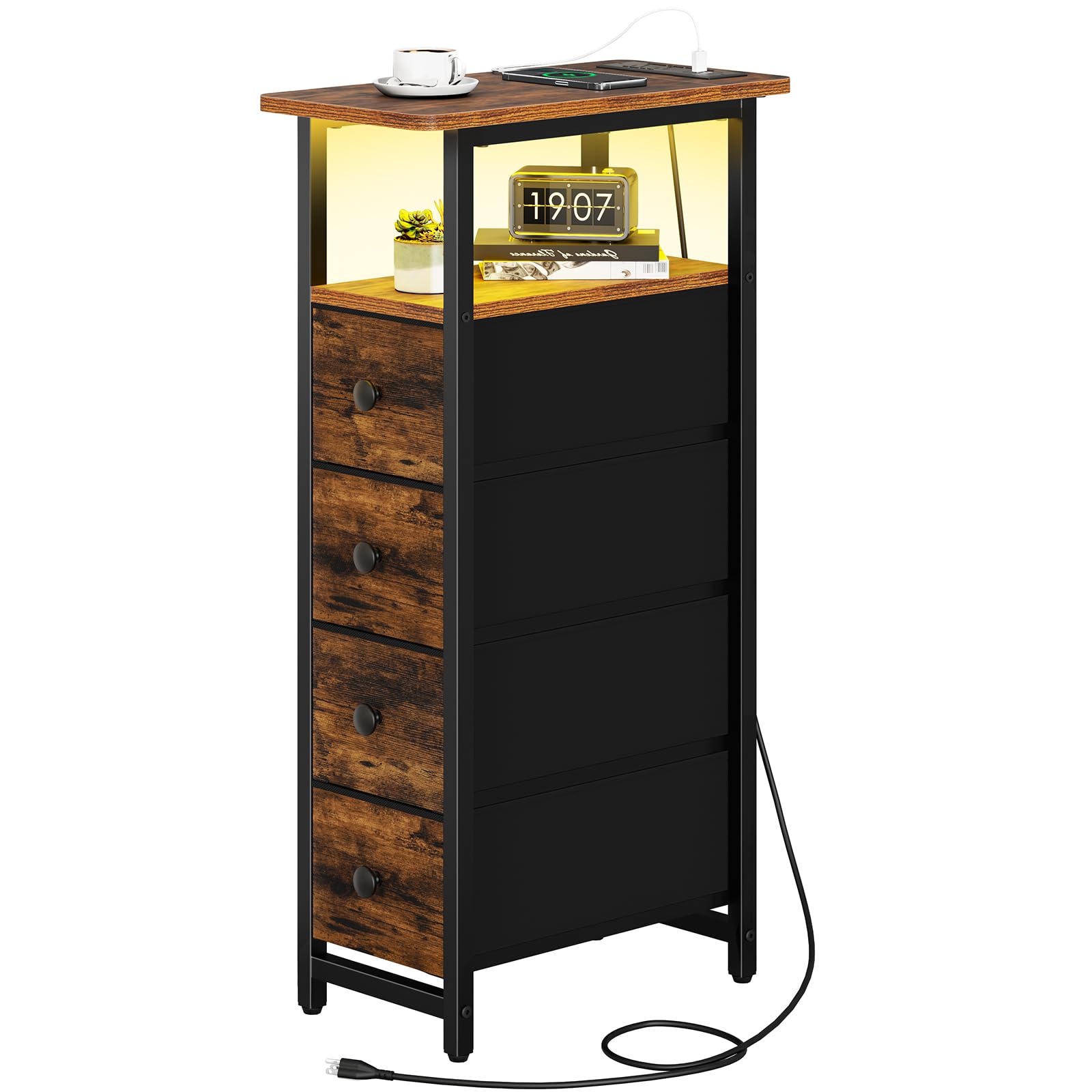 Yoobure mesita de noche estrecha con luz LED y cargador integrado, ideal para dormitorios compactos.