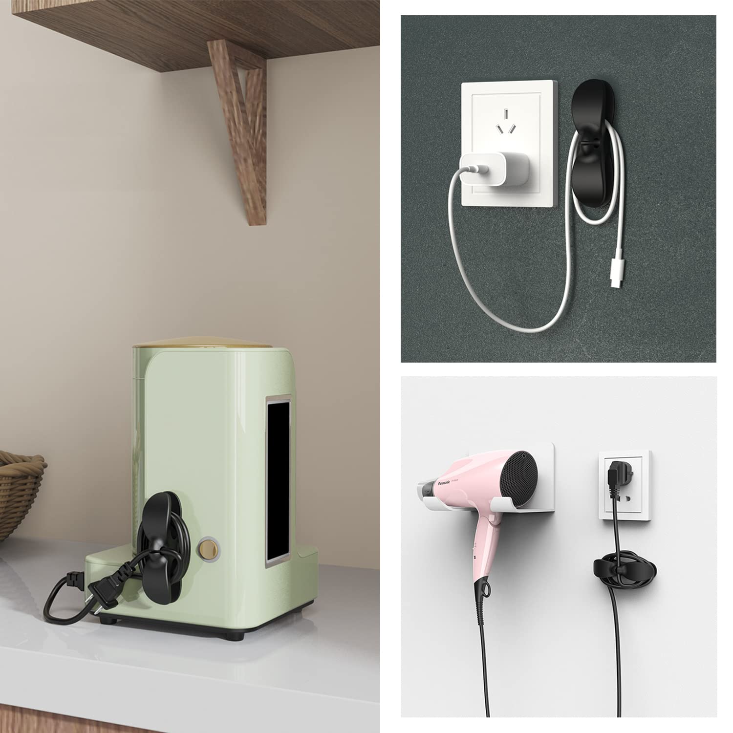 Uso con freidora de aire para ordenar cables y evitar enredos.